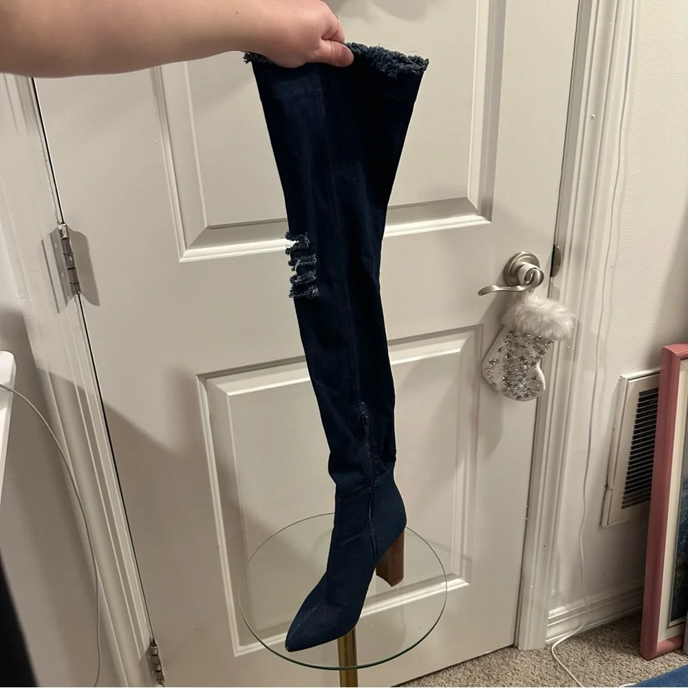 Over The Knee Boots 9 Pointed Toe Distressed Denim Tall Heels Y2K Block Heel